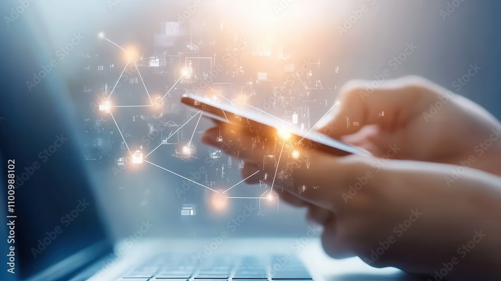 Poster a person holds a smartphone while interacting with a laptop, surrounded by digital connections and g