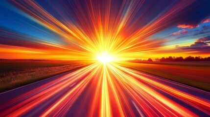 Obraz premium Vibrant Sunset Highway with Speed Emphasis and Futuristic Vibe in Dramatic Light Burst Scene.
