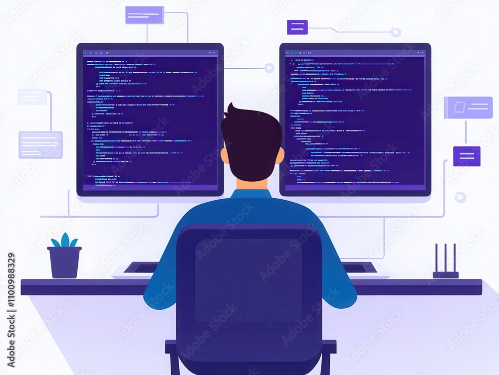 Poster A programmer sits before dual monitors, immersed in coding, with a plant nearby, representing a modern workspace.