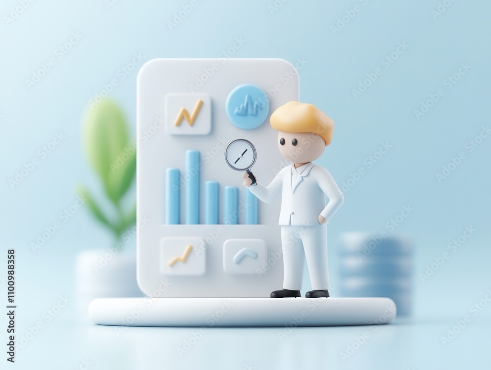 Aufkleber a cartoonish character analyzes data charts on a digital screen, surrounded by soft colors and a pla