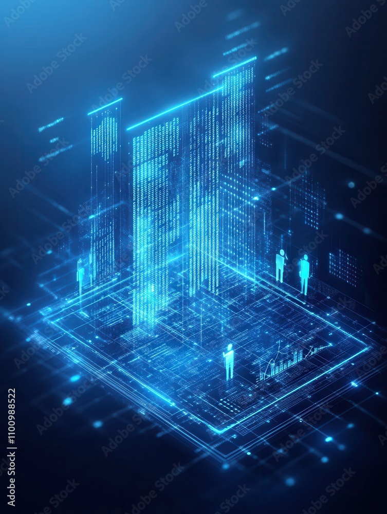 Poster A futuristic digital scene featuring glowing blue data streams, representing information flow and digital interactions in a high-tech environment.