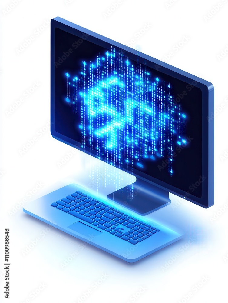 Poster a sleek computer screen displays glowing blue data streams, symbolizing advanced technology and digi