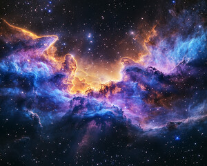 Obraz premium Captivating celestial nebula with rich purple and blue gas clouds swirling against an expansive black space, dotted with sparkling stars