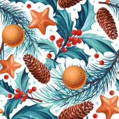 Seamless pattern with Christmas symbol. Christmas tree with cones, stars and balls on a white background. Winter vector backdrop for greeting cards, wrapping papers.
