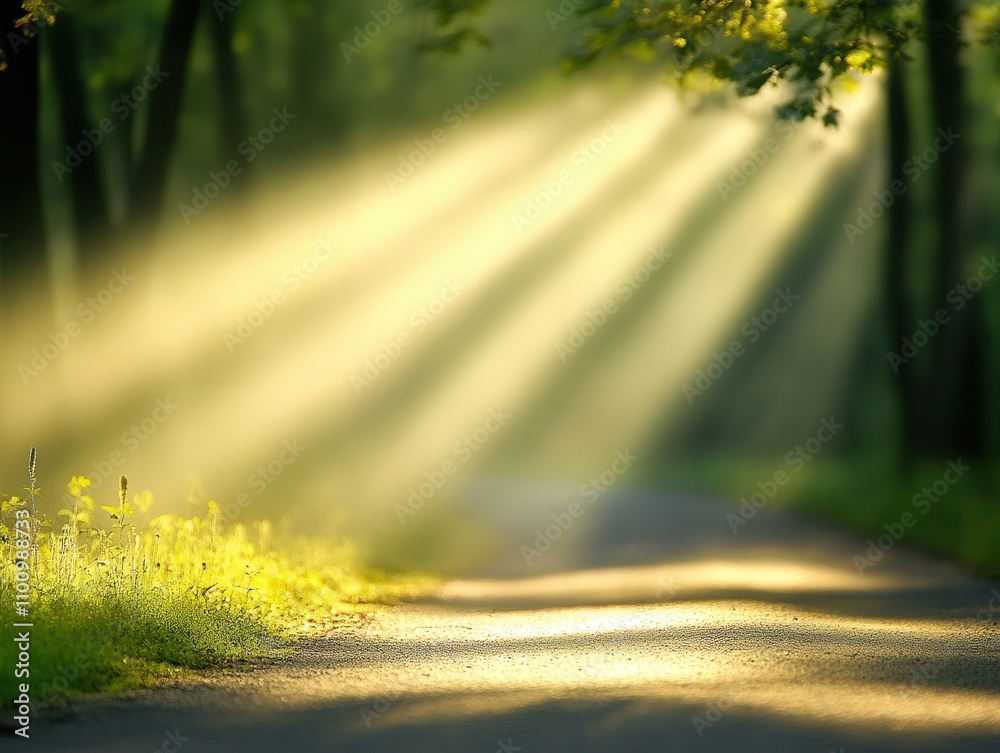 Poster a serene forest scene with sunlight streaming through trees, creating a peaceful ambiance along a wi