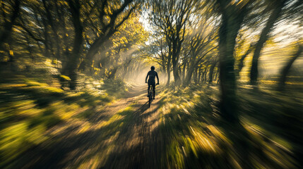 Bicyclist rides through sunlit forest path in early morning mist surrounded by green trees