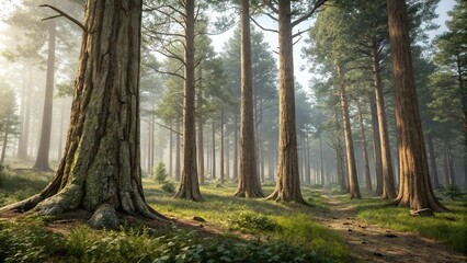 Forest scene with multiple tree trunks, multiple tree trunks, brown
