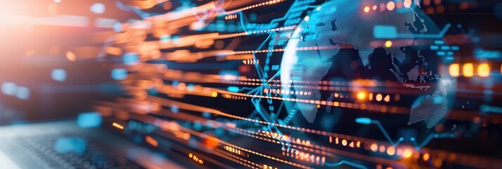 Abstract depiction of glowing data lines and a digital world map overlay, symbolizing global networks, technology, and communication.
