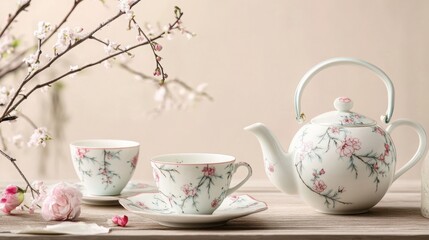 Fototapeta premium a porcelain tea set with delicate floral patterns, displayed on a wooden table with a light pastel background
