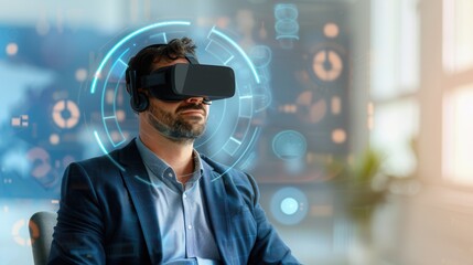Businessman using a virtual reality headset with futuristic holographic interface in a modern workspace