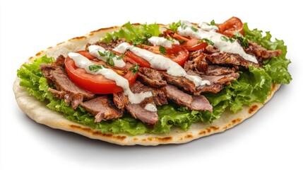 Deliciously Layered Fresh Meat Wrap with Juicy Tomatoes, Crunchy Lettuce, Creamy Sauce on Soft Pita, Perfect for a Healthy Meal or Snack Anytime