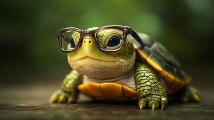 A small turtle wearing glasses is sitting on a wooden surface