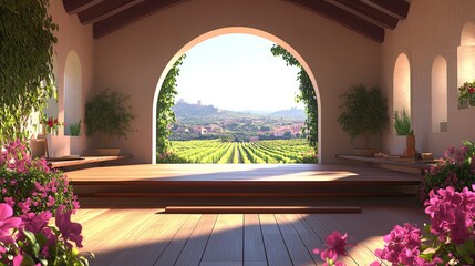 A wooden deck with a large arched window overlooking a vineyard and rolling hills.