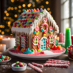 Fully Bright Frosted Gingerbread House Adorned with Colorful Candy

