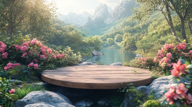 A wooden platform with a river and mountains in the background.