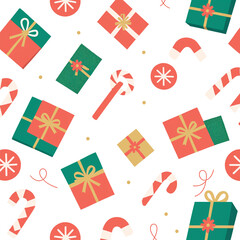 Seamless Christmas pattern featuring Santa's mail. Includes opened and closed envelopes adorned with festive branches, wax seals, and postage stamps. A cheerful holiday design perfect for paper wrap.