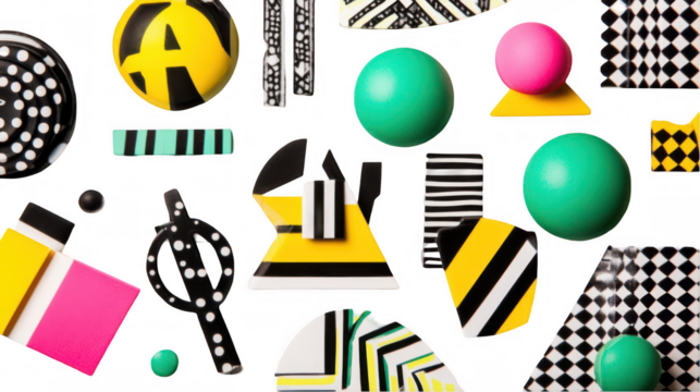 A vibrant arrangement of geometric shapes and patterns in bold colors.