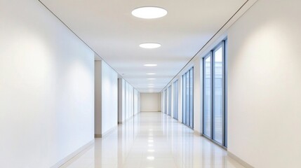 Modern office hallway with wide, empty white wall in bright natural light and neutral color scheme, front view perspective.