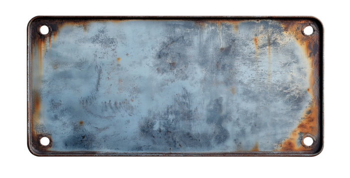 weathered old rusty iron signboard, retro metal plaque. cutout.