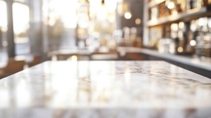 Empty white marble table with blurred kitchen background and bokeh lights ideal for food product display mockup.