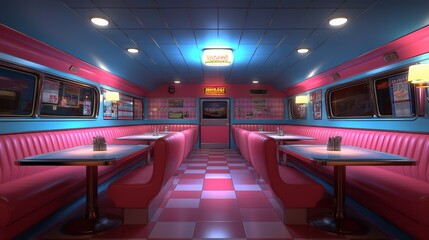 An empty retro diner with pink booths, checkered floor, and neon lights.