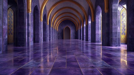 Obraz premium An empty purple hallway with gold trim arches and stained glass windows leads to a dark doorway.