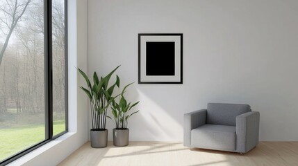 Minimalist living room mockup featuring an empty frame and a cozy chair - ideal for interior design projects.
