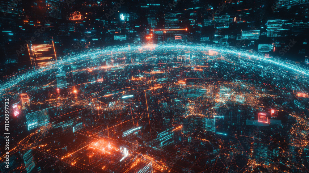 Poster a futuristic image shows data flowing around the earth. it uses a 3d design to represent a global ne