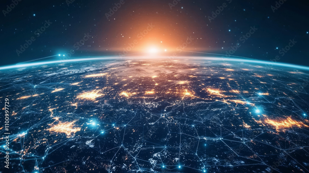 Poster a futuristic image shows data flowing around the earth. it uses a 3d design to represent a global ne