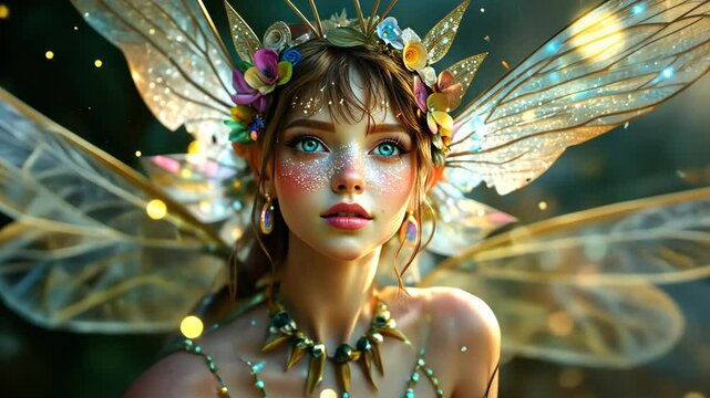 A fairy girl with sparkling blue eyes and a floral headdress stands in a magical, colorful forest filled with enchanting sparkles, creating a captivating scene of wonder and beauty fantasy hero 