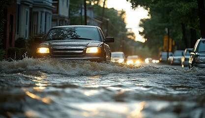 Floodwaters engulf the street during severe storms, illustrating the challenges posed by extreme weather.