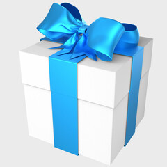 White gift box wrapped with blue bow and ribbon isolated on white background. Side view mockup of a box for design. Luxury Christmas, birthday present gift box