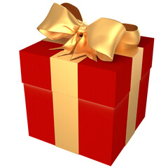 Red gift box wrapped with gold bow and ribbon isolated on white background. Side view mockup of a box for design. Luxury Christmas, birthday present gift box