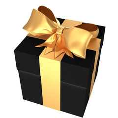 Black gift box wrapped with gold bow and ribbon isolated on white background. Side view mockup of a box for design. Luxury Christmas, birthday present gift box