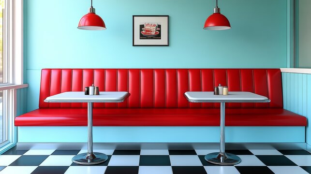 Empty retro diner booth with red vinyl seats, white tables and checkerboard floor.