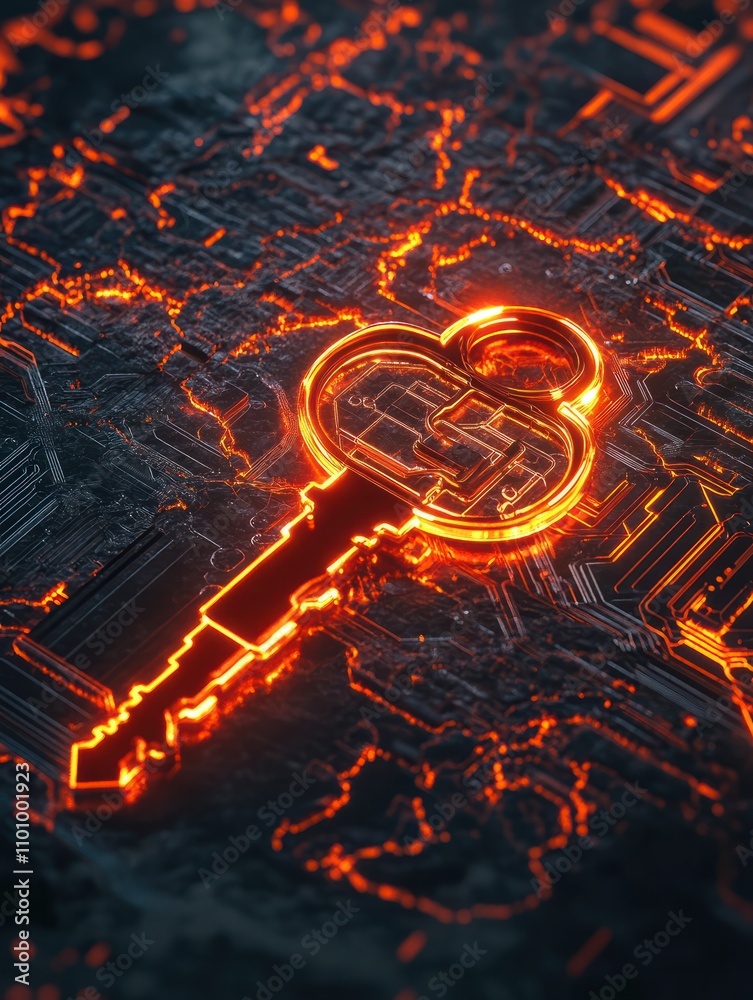Poster glowing circuit key and world map interface. safety and security concept. 3d rendering
