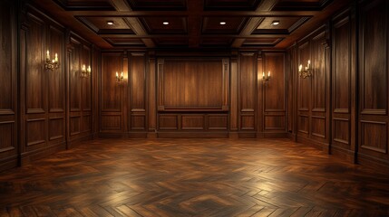 Empty wooden room with dark wood paneling and a herringbone floor.
