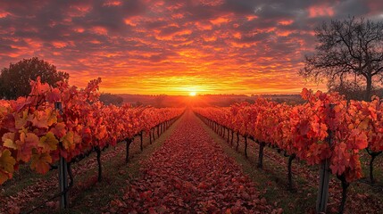 Fototapeta premium Grape vines adorned with autumn leaves thrive under a beautifully colored sky, representing the harvest season.
