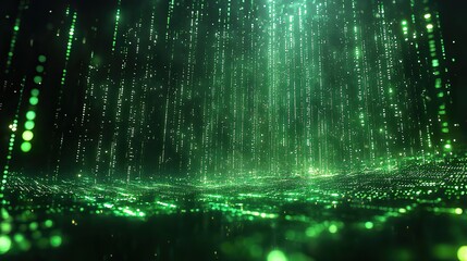 Green binary code falls from top to bottom against a black background, giving a digital matrix effect.