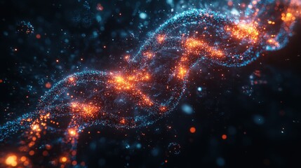 Abstract representation of DNA strands with glowing particles in a dark space.