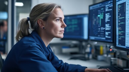Fototapeta premium Focused woman working on multiple computer screens in a tech environment