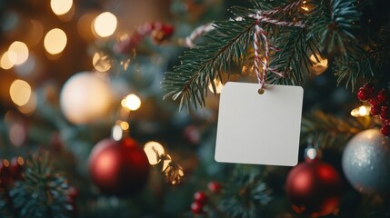 Blank holiday tag on pine tree with ornaments