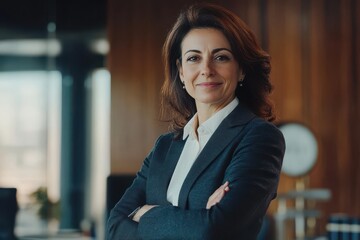 Fototapeta premium Middle aged business woman attorney, smiling 45 years old lady entrepreneur