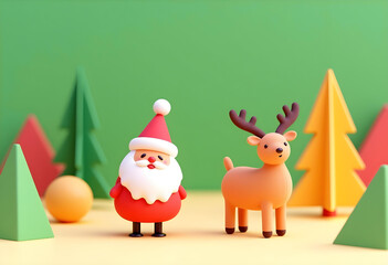 Fototapeta premium Create whimsical Christmas scene featuring cheerful Santa Claus and friendly reindeer surrounded by colorful trees and geometric shapes. This playful setting evokes holiday joy and creativity