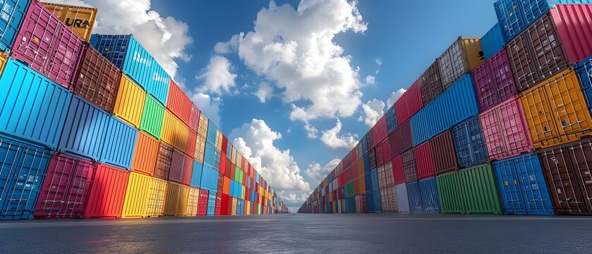Shipping containers under blue sky.