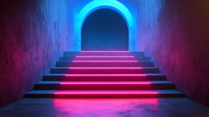 Fototapeta premium Neon illuminated stairway leading to an arched doorway in a dark room.