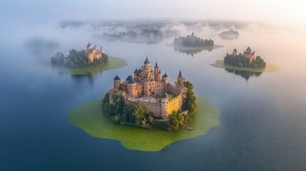 Aerial view of a majestic castle surrounded by misty water and lush greenery.