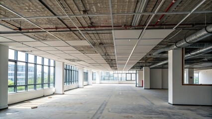 Industrial-style ceiling tiles in an open-plan office, white and blue accents, modern furniture, open plan layout