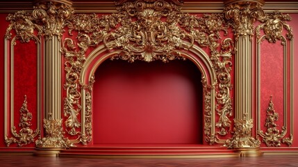 Ornate gold and red wall with a large arched niche.
