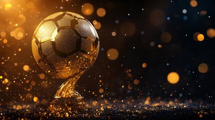 Fototapeta premium A simple, golden football trophy design. It sparkles against a dark background, using shiny gold dots and lines.